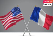 3D illustration of Two Crossed Flags of USA and France