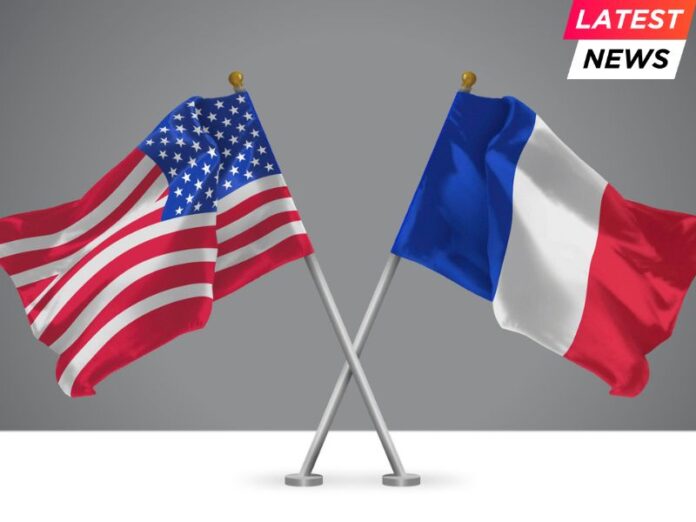 3D illustration of Two Crossed Flags of USA and France