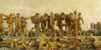 Blind casualties on a battlefield after a mustard gas attack