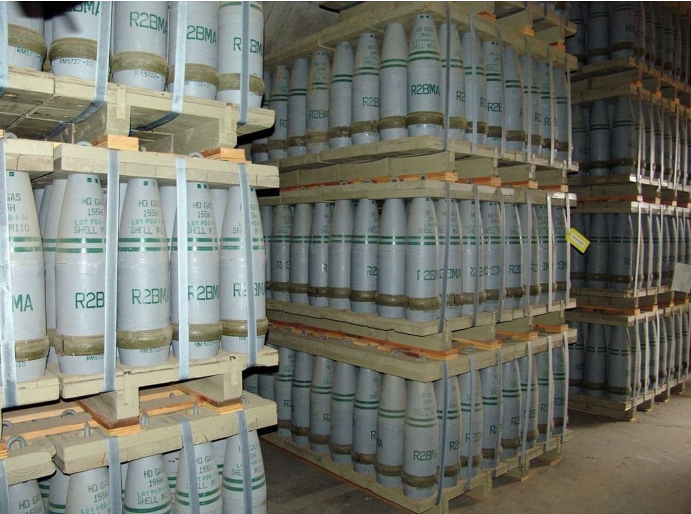 Pallets of 155 mm artillery shells containing sulfur gas at Pueblo chemical weapons storage facility in Colorado, U.S.A.