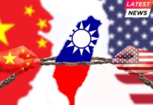 United States and China flags combined fist together