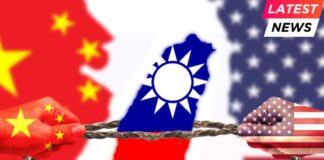 United States and China flags combined fist together