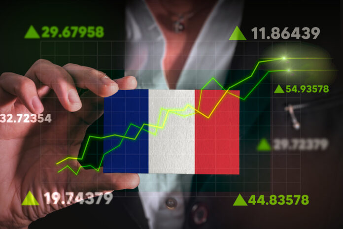 Graph growing up in Front Of France Flag. Foreign Investment Control in France