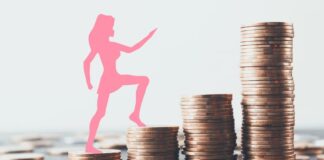 Pink woman figure walking up on golden coin ladder