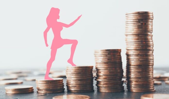 Pink woman figure walking up on golden coin ladder