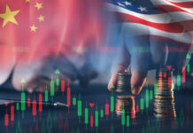 economic tariffs trade war with tax barrier between United States of America and China.