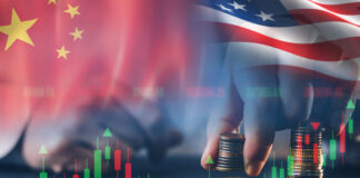 economic tariffs trade war with tax barrier between United States of America and China.