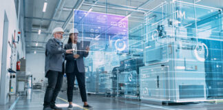 Two Industrial Engineers Use Tablet Computer, AI Big Data Analysis. Visualization of High-Tech Facility into 3D Rendered Neural Network. Industry 4.0 Machinery Manufacturing