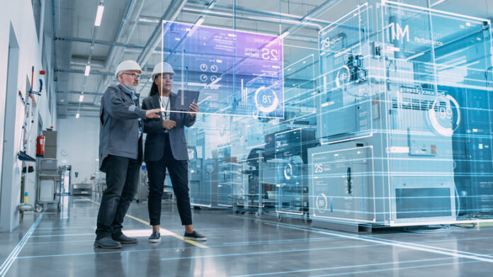Two Industrial Engineers Use Tablet Computer, AI Big Data Analysis. Visualization of High-Tech Facility into 3D Rendered Neural Network. Industry 4.0 Machinery Manufacturing