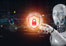 AI robot pointing out cybersecurity symbol in