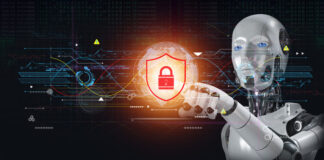 AI robot pointing out cybersecurity symbol in