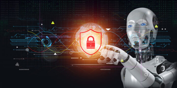 AI robot pointing out cybersecurity symbol in