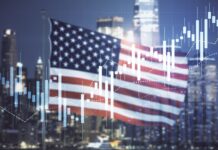 US flag with stock market graph overlay