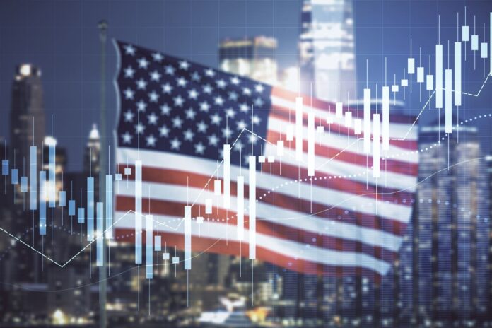 US flag with stock market graph overlay