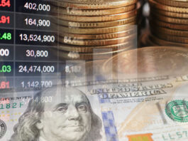 Stock market finance business with US dollar banknote, economy trend graph digital technology.