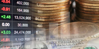 Stock market finance business with US dollar banknote, economy trend graph digital technology.
