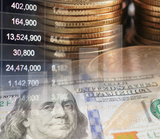 Stock market finance business with US dollar banknote, economy trend graph digital technology.