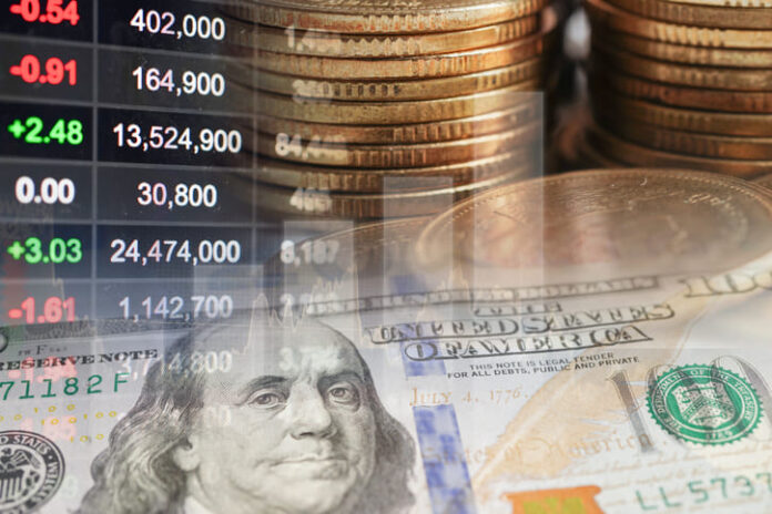 Stock market finance business with US dollar banknote, economy trend graph digital technology.