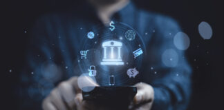 Business using smartphone with banking icon for internet mobile banking technology to conduct money transfer , payment ,