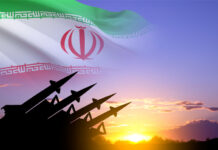 Missiles silhouettes with Iran flag