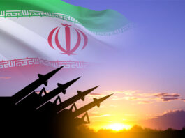 Missiles silhouettes with Iran flag
