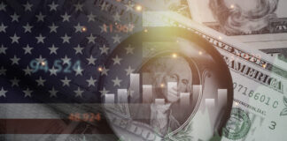USD dollar banknote with USA flag and stock market graph chart for currency exchange and global trade forex