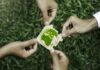 group of volunteers help solve environmental problems. global teamwork and business.