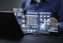 Artificial Intelligence Content Generator tool. Man uses a laptop with AI assistant to graphic design, translate language, chat bot, generate images, write code, and advertising.