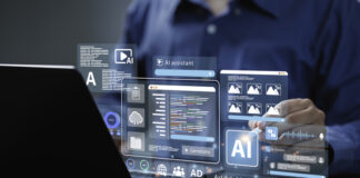 Artificial Intelligence Content Generator tool. Man uses a laptop with AI assistant to graphic design, translate language, chat bot, generate images, write code, and advertising.