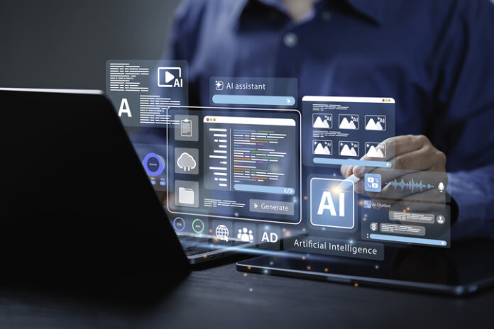 Artificial Intelligence Content Generator tool. Man uses a laptop with AI assistant to graphic design, translate language, chat bot, generate images, write code, and advertising.