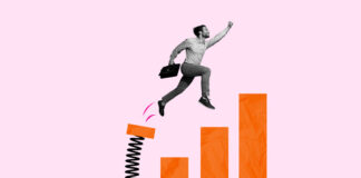 Creative picture image collage banner of guy worker jump from financial charts determined company success