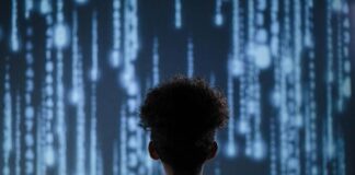 Back View of A Teen Boy with a Digital Background