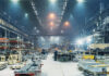 Interior of metalworking factory workshop hangar. Modern industrial enterprise production