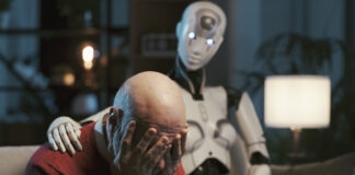 AI robot consoling a sad lonely man