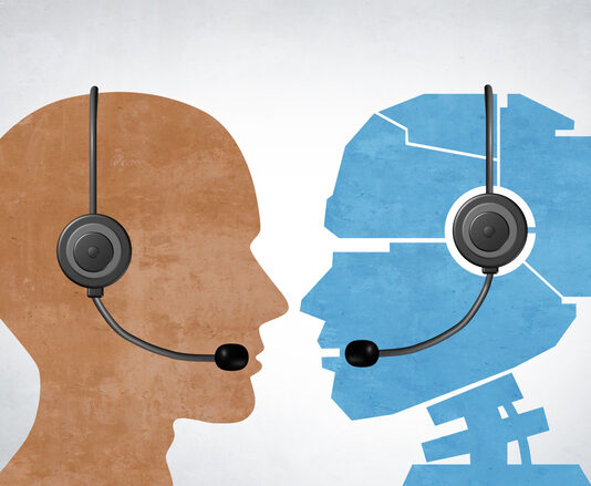 AI Chatbot And Human Customer service as a traditional and Robot or Robotic Automation Replacing Humans as employees being replaced by Artificial intelligence.