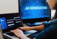 AI generative app. Woman chatting with Artificial Intelligence software in computer laptop. Technology trends