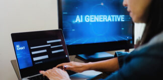 AI generative app. Woman chatting with Artificial Intelligence software in computer laptop. Technology trends