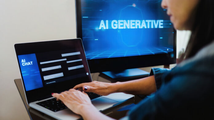 AI generative app. Woman chatting with Artificial Intelligence software in computer laptop. Technology trends