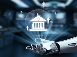 A futuristic robotic hand showcases financial growth through interactive data visualization, symbolizing the harmony between technology and business innovation.