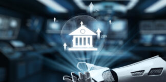A futuristic robotic hand showcases financial growth through interactive data visualization, symbolizing the harmony between technology and business innovation.