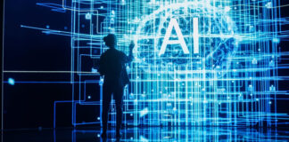 Back View of Woman Holding Laptop Computer, Standing Next To a Big Digital Screen and Interacting with AI Neural Network 3D Visualization.