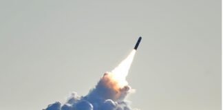Trident II D5 missile launched from the USS Nebraska off the coast of California.