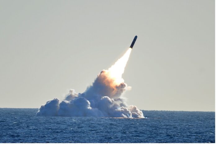 Trident II D5 missile launched from the USS Nebraska off the coast of California.