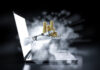 Financial technology concept with 3d rendering robot hold stack of coins out of computer notebook