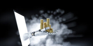 Financial technology concept with 3d rendering robot hold stack of coins out of computer notebook