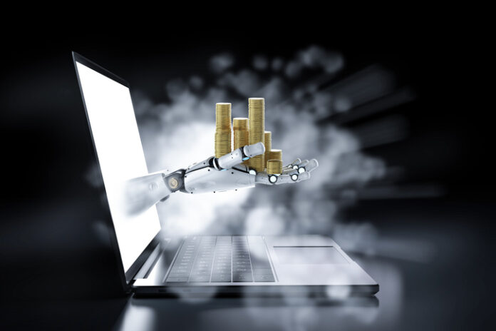 Financial technology concept with 3d rendering robot hold stack of coins out of computer notebook