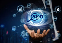 Man demonstrating directions of SEO. Icons of keyword research, customization and others
