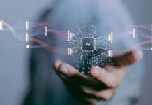 focus hand of businessman show virtual graphic data connect with AI.