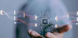 focus hand of businessman show virtual graphic data connect with AI.