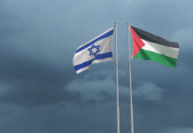 israel palestine flag waving sky
